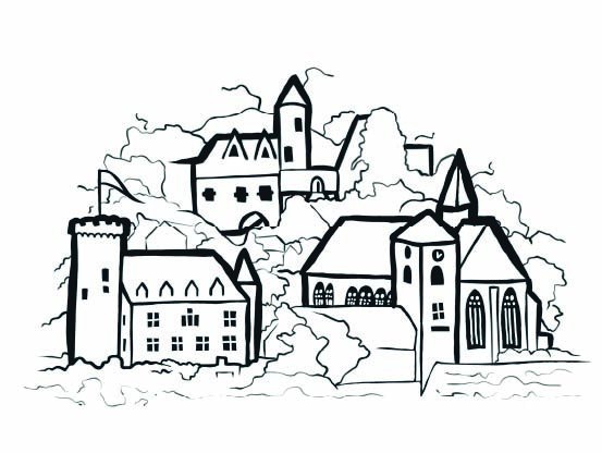 Feine Linienzeichnung der Neuerburger Altstadt mit Burg und Kirche