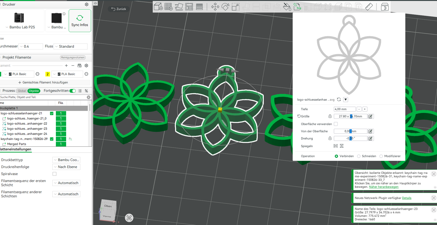 Slicer-Software mit dem Modell der Schlüsselanhänger-Anschlussstelle