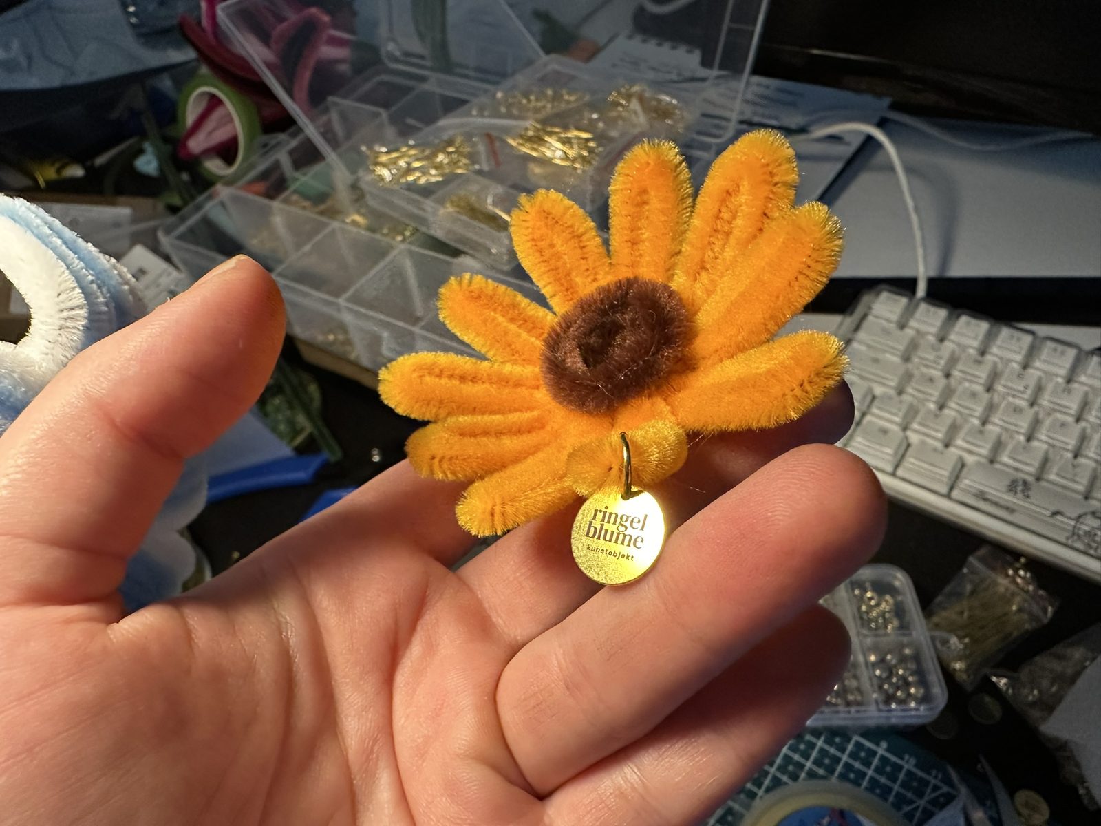 Orange Pfeifenputzer-Blume mit Messing-Münze in der Hand